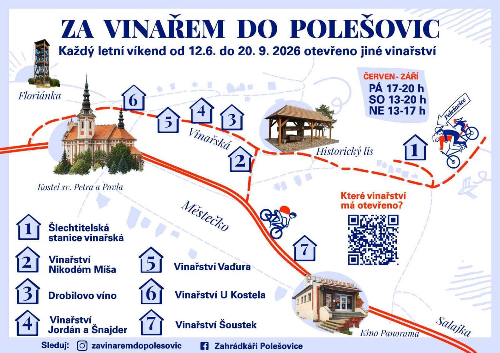 Za vinařem do Polešovic — mapa trasy a otevírací doba vinařství, léto 2026