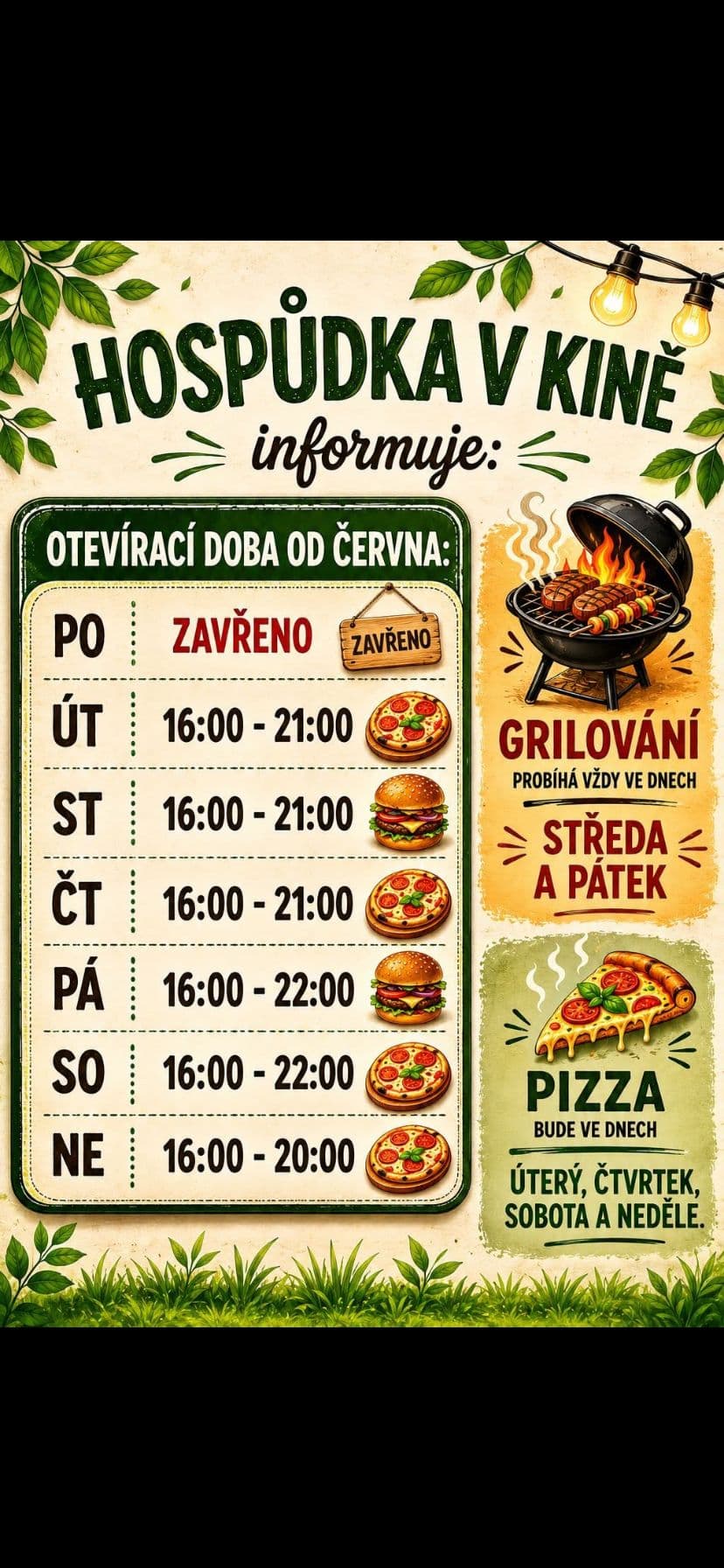 Hospůdka v kině informuje — otevírací doba od června, grilování ve středu a pátek, pizza v úterý, čtvrtek, sobotu a neděli